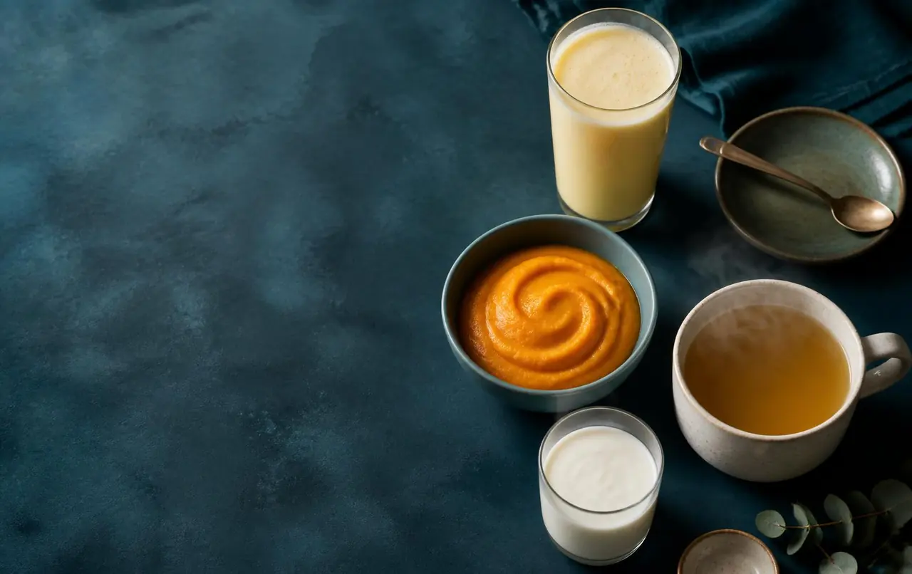 Broth, a protein shake, squash puree and a yogurt drink arranged on a dark table